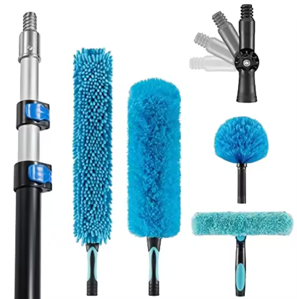 Dakgootreiniger met telescoop + extra tools voor spinnenwebben en reinigingstools.