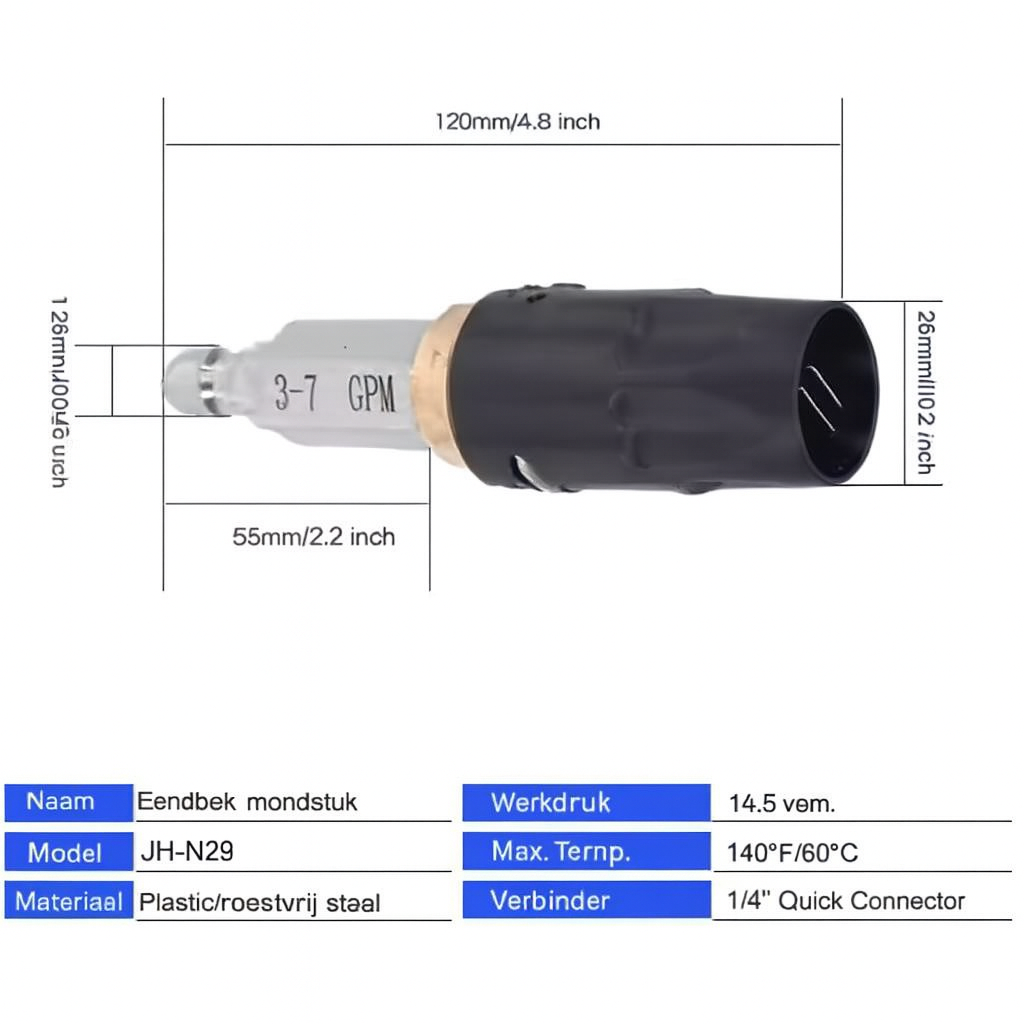 Softwash verstelbare sproeikop 3 - 7 gpm - 1/4 inch connectie.