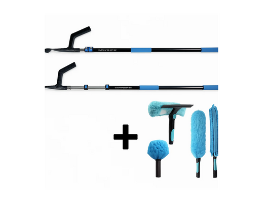 Dakgootreiniger met telescoop + extra tools voor spinnenwebben en reinigingstools.